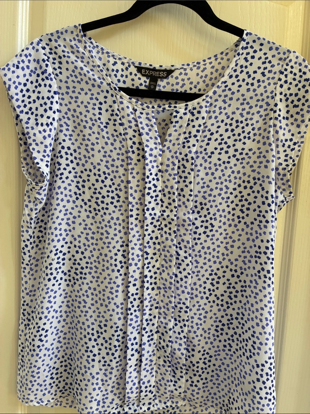 Express size XS DARLING TOP! White Cap-Sleeve Blouse with Whimsical Blue Print